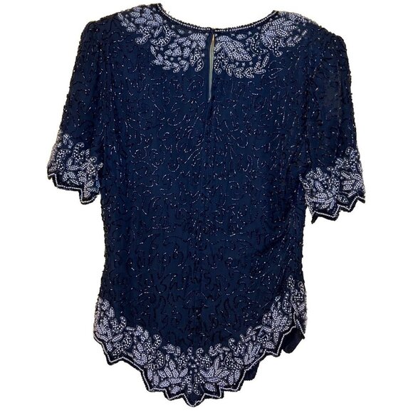 Vintage Laurence Kazar Black Silk Floral Beaded Blouse Size Small Zipper Formal - Picture 2 of 3